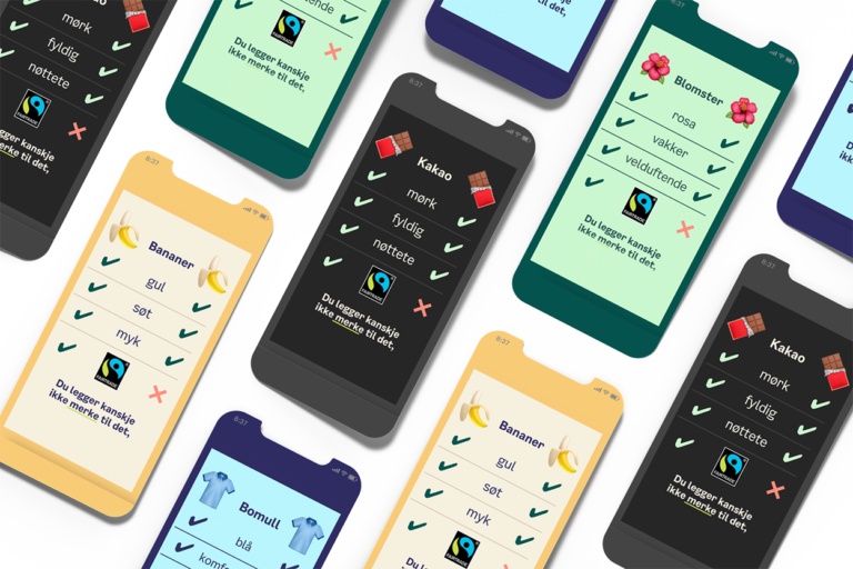 Mockup av annonser for Fairtrade, vist på mange mobiler