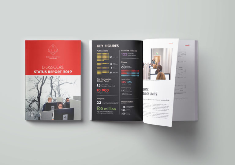 Mockup av forside og dobbelside i Digsscore status report 2019